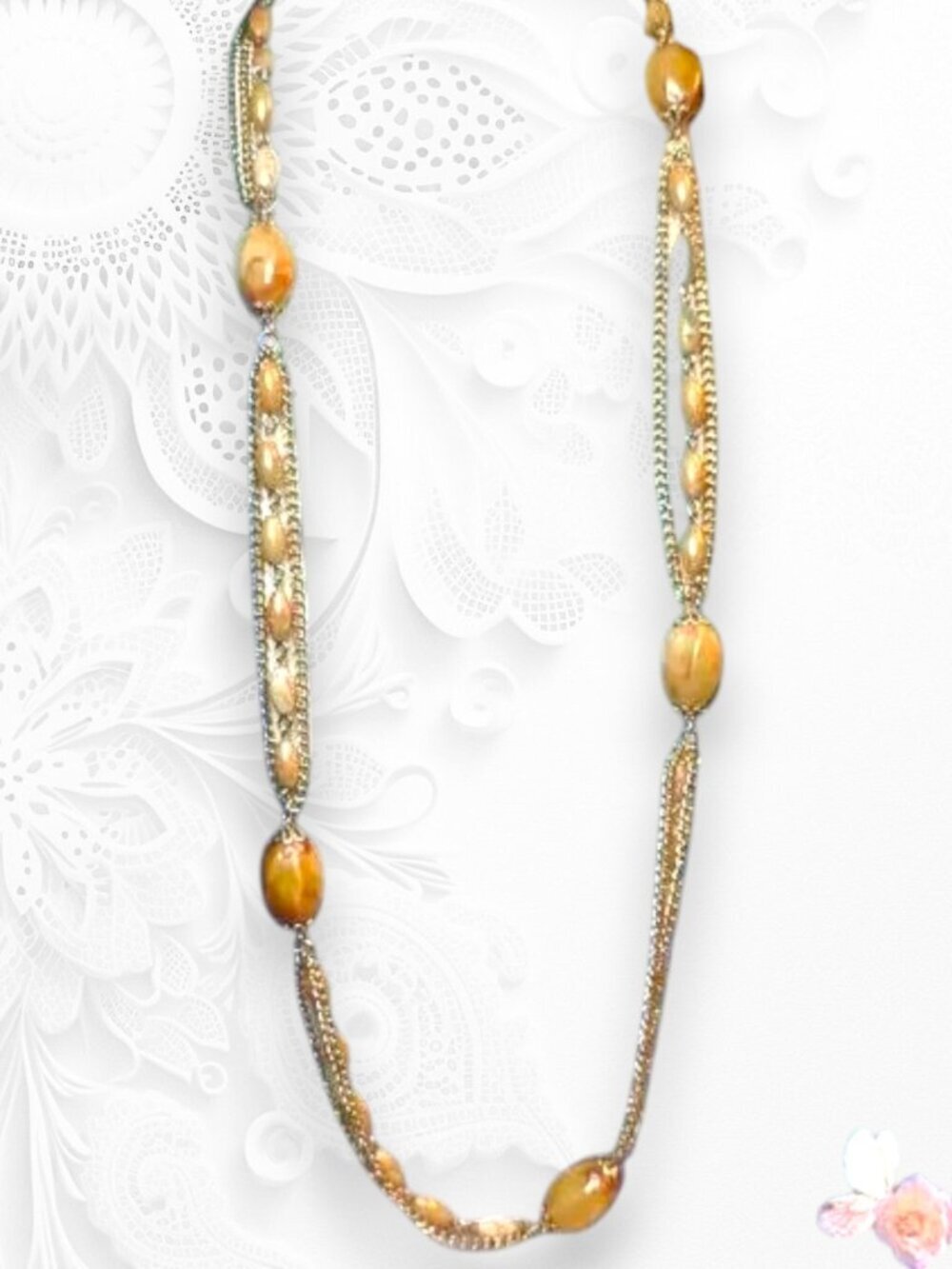 Vintage Hong Kong Signed Caramel Glass Bead Long Gold-Tone Necklace 501